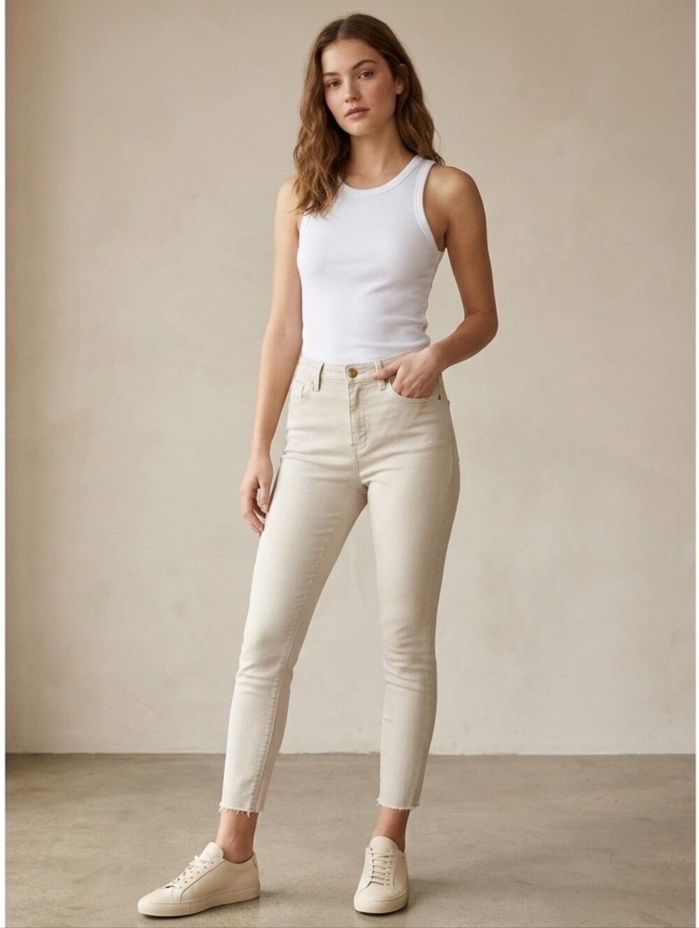 Dex Skinny Mid Rise Crop Jeans Raw Hem In Neutral Oatmeal Color